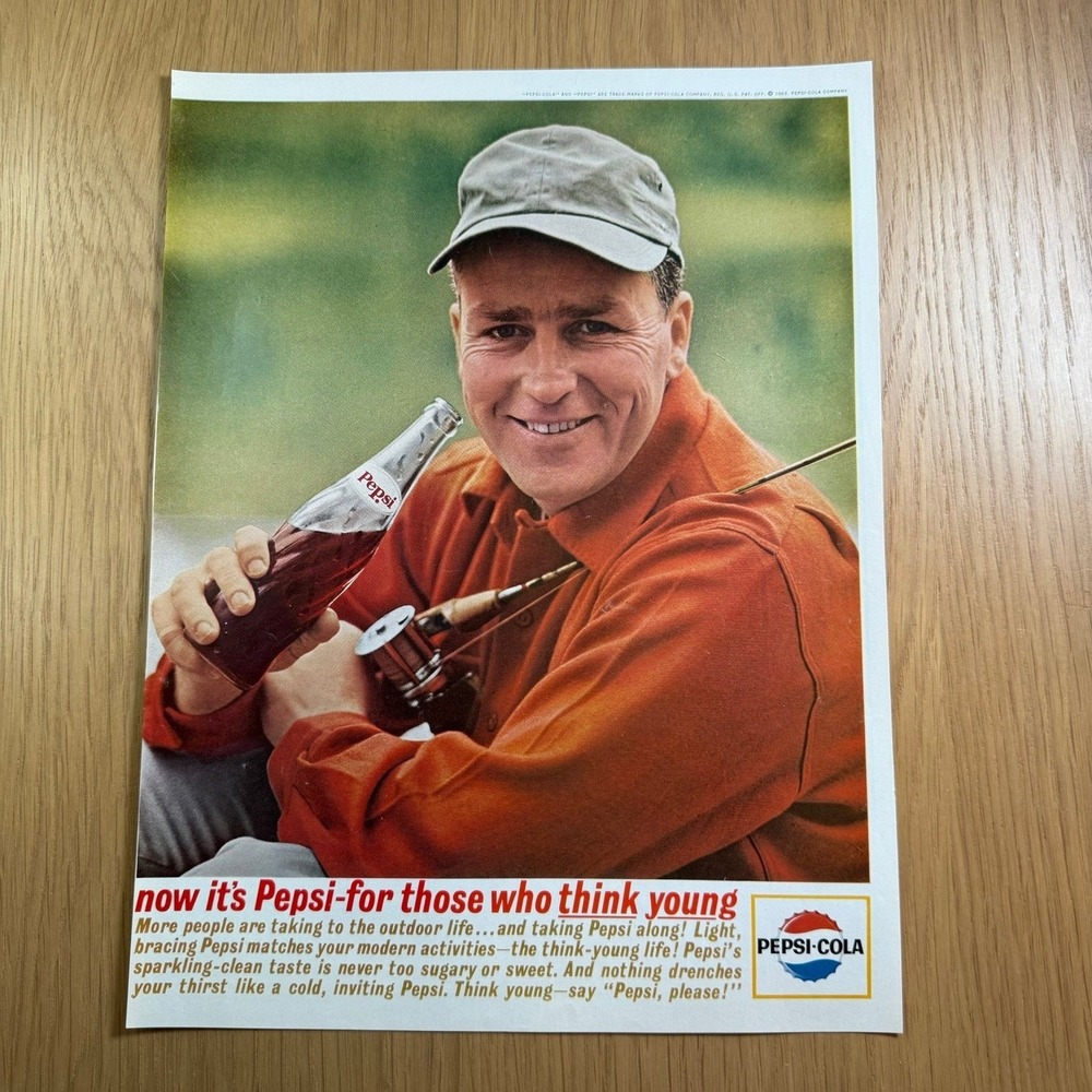 1963 Pepsi-Cola Think Young Fisherman Ad Now It's Pepsi Vintage Magazine Page